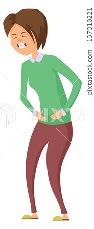 Sick woman with abdominal pain. Painful illness icon Sick woman with abdominal pain. Painful illness icon 137010221