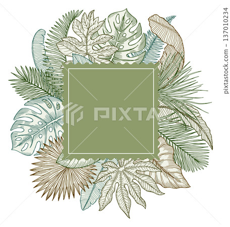 Green frame with exotic tropical leaves hand drawn template 137010234
