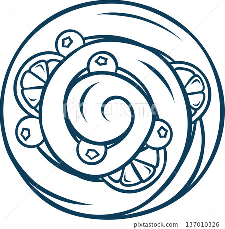 Spiral French pastry with lemon and blueberries, simple doodle and blue sketch style. Hand-drawn illustration for patisserie menus or baking branding 137010326