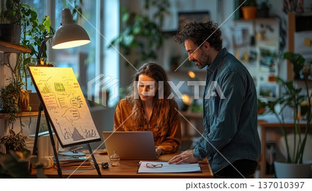 Creative Collaboration Within a Cozy and Inviting Home Office Space for Enhanced Productivity 137010397