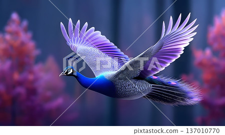 A majestic peacock gracefully soars through a vibrant forest, showcasing its stunning plumage. The scene captures the essence of nature's beauty and the elegance of wildlife. 137010770