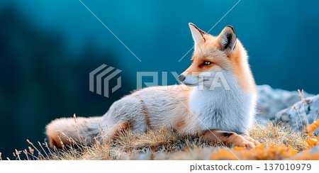 A serene fox rests gracefully on a rocky outcrop, surrounded by vibrant wildflowers, embodying the beauty of nature in a tranquil outdoor setting. 137010979