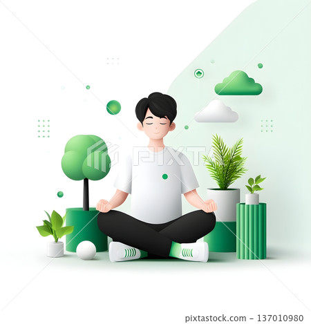 A serene illustration depicting a young person meditating with plants and clouds, embodying tranquility and mindfulness in a harmonious green environment. 137010980