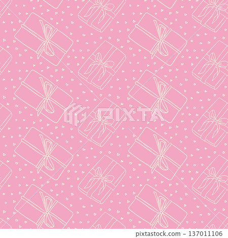 Seamless pattern with gift box and heart on pink background in outline style vector hand drawn. Romantic wrapping paper design expressing love celebration and valentine concept Seamless pattern with gift box and heart on pink background in outline style vector hand drawn. Romantic wrapping paper design expressing love celebration and valentine concept 137011106