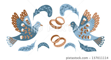 Folk wedding composition with blue bird and golden ring in decorative style vector hand drawn illustration isolated on light background. Romantic ornament design expressing love union and marriage Folk wedding composition with blue bird and golden ring in decorative style vector hand drawn illustration isolated on light background. Romantic ornament design expressing love union and marriage 137011114