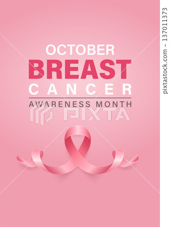 Vector Breast Cancer Awareness Vertical Pink Poster. October Pink Ribbon Illustration. Breast Cancer Awareness Month Banner with Silk Realistic Pink Ribbon. Health Campaign Background 137011373