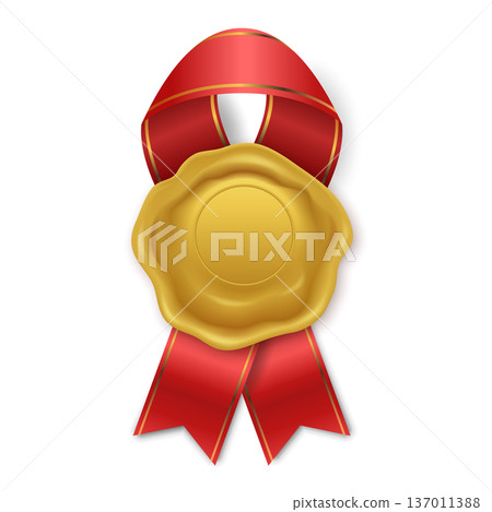 Vector 3d Award Seal with Red Ribbon Rosette Badge Icon, Isolated. Blank Label Template Isolated. Winner Prize Achievement Emblem for Certificates, Packaging, Branding, Quality Guarantee Sticker 137011388