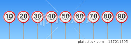 Vector Speed Limit Road Signs Set 10 20 30 40 50 60 70 80 90. Traffic Regulation Symbol Collection. Circular Red Border Signposts for Street and Highway Safety, Isolated on Blue Sky Background 137011395