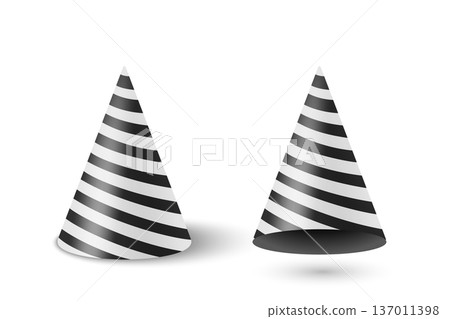 Vector 3d Realistic Black and White Party Hat Set. Glossy Striped Celebration Party Hat for Birthday. New Year, Holiday Event, Carnival Decoration. Festive Accessory. Party Hat Illustration Vector 3d Realistic Black and White Party Hat Set. Glossy Striped Celebration Party Hat for Birthday. New Year, Holiday Event, Carnival Decoration. Festive Accessory. Party Hat Illustration 137011398