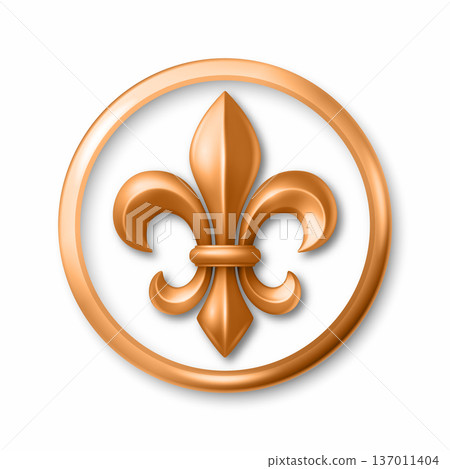 Vector 3d Golden Fleur De Lis Symbol in Round Frame, Isolated. Elegant Royal Emblem. Classic French Heraldic Icon. Luxury Fleur De Lis Sign. Logo Design, Badge, Noble Decoration, Vintage Ornament 137011404