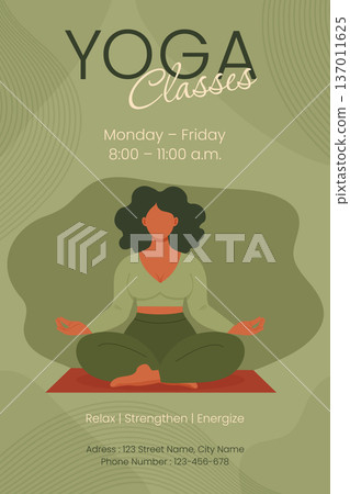 Yoga classes flyer template with woman in lotus pose and schedule vector illustration. 137011625