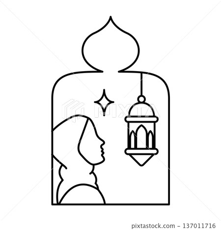 Muslim woman in hijab and lantern line art icon 137011716