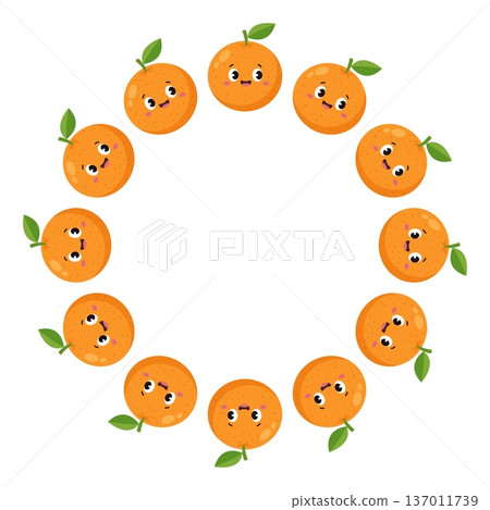 Orange fruit round frame border with kawaii faces cute cartoon vector illustration Orange fruit round frame border with kawaii faces cute cartoon vector illustration 137011739