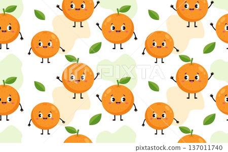 Seamless pattern with cute orange fruit characters leaves and abstract shapes Seamless pattern with cute orange fruit characters leaves and abstract shapes 137011740