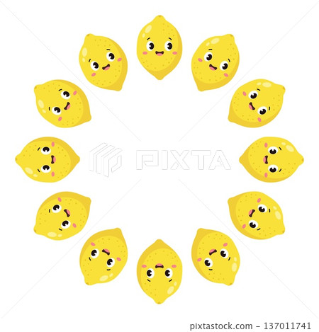 Cute kawaii yellow lemon characters round circle frame template Cute kawaii yellow lemon characters round circle frame template 137011741