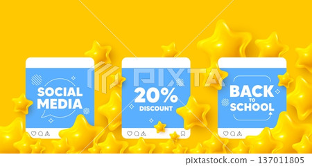 Discount social media post. Back to school template. 20 percent discount tag. Sale offer price sign. Special offer symbol. Like, comment and share icons. Vector Discount social media post. Back to school template. 20 percent discount tag. Sale offer price sign. Special offer symbol. Like, comment and share icons. Vector 137011805