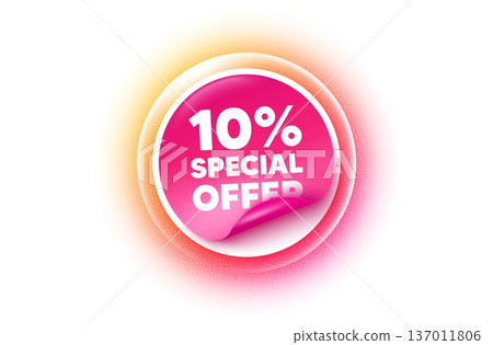 Discount sticker orange gradient. Paper offer price tag. 10 percent discount offer tag. Sale price promo sign. Special offer symbol. Sticker label. Grain dots effect. Vector 137011806