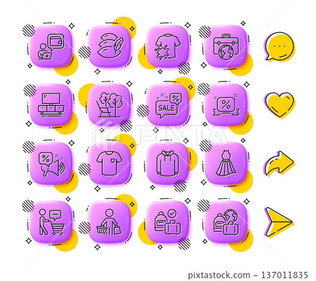 Tv stand, Pillow and Wallet line icons. App 3d buttons. Social media comment, share, like icons. Pack of Discounts ribbon, Discounts bubble, Carry-on baggage icon. Vector 137011835