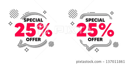 Discount chat speech bubble. Social media concept. 25 percent discount offer tag. Sale price promo sign. Special offer symbol. Line design chat bubble. Vector 137011861