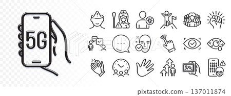 Meeting time, Conjunctivitis eye and Hand line icons for web app. Glare of light effect. Message icon. Pack of Employee result, Cursor, User idea pictogram icons. Vector 137011874