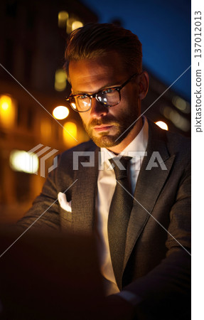 Focused Professional: Stylish Businessman Working Late Outdoors in the City Night with Glasses and Intense Concentration 137012013