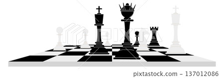 Chess game play board with pieces side view Chess game play board with pieces side view 137012086