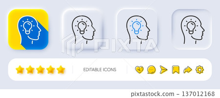 Idea head line icon. Neumorphic, Flat shadow, 3d buttons. Lightbulb sign. Core value symbol. Line idea head icon. Social media icons. Vector Idea head line icon. Neumorphic, Flat shadow, 3d buttons. Lightbulb sign. Core value symbol. Line idea head icon. Social media icons. Vector 137012168