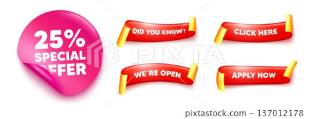 Discount sticker, offer ribbons. Apply now, Did you know. 25 percent discount offer tag. Sale price promo sign. Special offer symbol. Pink sticker tag. Flag ribbon banners. Vector Discount sticker, offer ribbons. Apply now, Did you know. 25 percent discount offer tag. Sale price promo sign. Special offer symbol. Pink sticker tag. Flag ribbon banners. Vector 137012178
