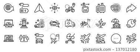 Metro, Web inventory and Destination flag line icons pack. Share, Message, Paper plane icons. Plane, Baby carriage, World globe web icon. Charging time, Eco power, Online storage pictogram. Vector 137012180