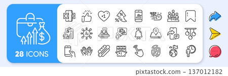 Hold smartphone, Salary and Bell line icons. Interest rate, AI generate, Inflation icons. Pack of Hotdog, Phishing, Report icon. Fingerprint, Pin, Business podium pictogram. Vector 137012182