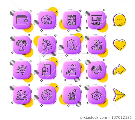 Food delivery, Pet tags and Winner cup line icons. App 3d buttons. Social media comment, share, like icons. Pack of Creative idea, Location app, Waterproof icon. Vector Food delivery, Pet tags and Winner cup line icons. App 3d buttons. Social media comment, share, like icons. Pack of Creative idea, Location app, Waterproof icon. Vector 137012185