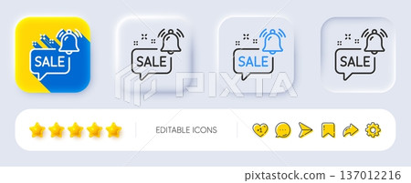 Promotion bell line icon. Neumorphic, Flat shadow, 3d buttons. Sale Alarm reminder sign. Notification offer symbol. Line promotion bell icon. Social media icons. Vector 137012216