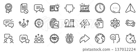 Idea, Inspect and Employees messenger line icons pack. Share, Message, Paper plane icons. Correct way, Sound check, Wrong file web icon. Lightning bolt, Refresh mail, Approved pictogram. Vector 137012224