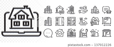 House security, Building warning and Hotel line icons for web app. Glare of light effect. Message icon. Pack of Skyscraper buildings, Bid offer, Open door pictogram icons. Vector House security, Building warning and Hotel line icons for web app. Glare of light effect. Message icon. Pack of Skyscraper buildings, Bid offer, Open door pictogram icons. Vector 137012226
