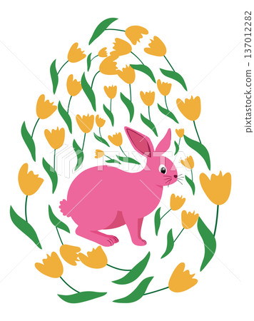 An Easter egg with a painted Easter bunny and floral designs. Kids egg game. He is risen, Happy Easter 137012282