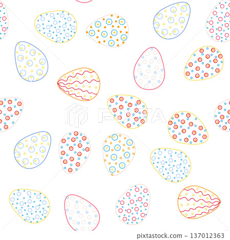 Seamless pattern with Easter eggs, outline design. A vibrant seamless background for Easter designs, featuring cute patterned eggs with polka dots Seamless pattern with Easter eggs, outline design. A vibrant seamless background for Easter designs, featuring cute patterned eggs with polka dots 137012363