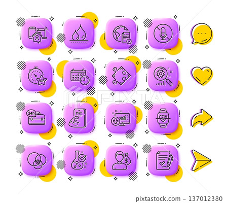 Work home, No microphone and Vip timer line icons. App 3d buttons. Social media comment, share, like icons. Pack of Fitness, Medical analytics, 24h service icon. Vector 137012380