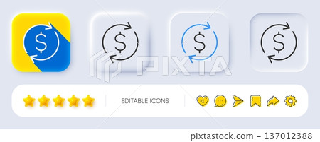 Currency exchange line icon. Neumorphic, Flat shadow, 3d buttons. Money Transfer sign. Dollar in rotation arrow symbol. Line dollar exchange icon. Social media icons. Vector 137012388