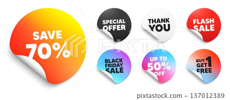 Discount sticker tag. Special offer paper price tags. Save 70 percent off tag. Sale Discount offer price sign. Special offer symbol. Discount, black friday sticker. Promo banner. Vector 137012389