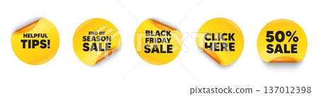 Helpful tips sticker tag. 50 percent discount, Black friday paper price banners. Helpful tips tag. Education faq sign. Help assistance symbol. Click here sticker. Vector 137012398