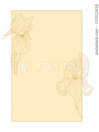 Iris flower, leaves card template outline hand drawn illustration, floral design element, graphic clipart for invitation, card, wedding decor, February birth month flower, botanical line art 137012458