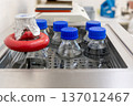 Laboratory Bottles with Samples in Incubator for Microbiological Testing 137012467