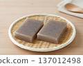 兩塊用於自製烹飪的魔芋片放在竹製濾鍋中，濾鍋置於一張淺色木桌上。 137012498