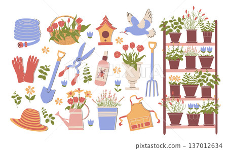 Gardening Tools and Plants Vector Set. Flat Design Gardening Tools and Plants Vector Set. Flat Design 137012634