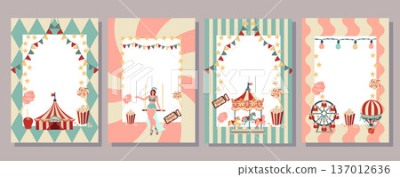 Vintage Carnival Poster Set. Circus Rides Treats Vintage Carnival Poster Set. Circus Rides Treats 137012636