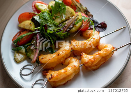 Grilled Shrimp Skewers with Fresh Summer Salad Grilled Shrimp Skewers with Fresh Summer Salad 137012765