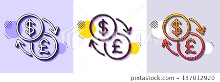 Currency exchange line icon. Halftone dotted pattern. Gradient icon with grain shadow. Dollar to Pound money sign. Convert currency symbol. Line currency exchange icon. Various designs. Vector 137012920