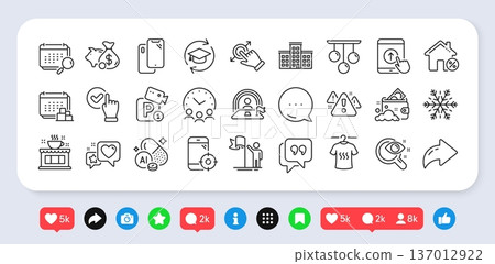 Air conditioning, Calendar and Checkbox line icons pack. Social media: share, comment, like icons. Touchscreen gesture, Leadership, Seo phone web icon. Vector 137012922