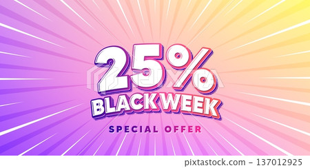 Black week sun rays gradient banner. Light burst background. Black week 25 percent sale. Special discount sign. Black friday offer symbol. Gradient sun rays. Sunburst light. Vector 137012925
