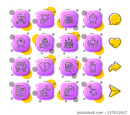 Baby carriage, Gift and Love couple line icons. App 3d buttons. Social media comment, share, like icons. Pack of Mental health, Victory hand, Inclusion icon. Vector Baby carriage, Gift and Love couple line icons. App 3d buttons. Social media comment, share, like icons. Pack of Mental health, Victory hand, Inclusion icon. Vector 137012927